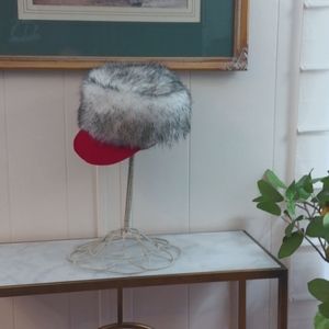 Custom Made White Faux Fur Cap w/Red Bill